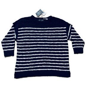 Ninety Clothing Co Lightweight Cotton Knit Sweater Navy Blue White Stripes Small